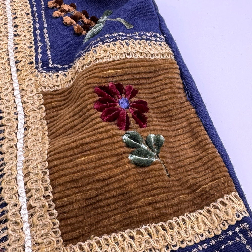 Patchwork Vest with Velvet Flowers Blue Cotton Sz Medium Corduroy Embroidery - Picture 3 of 8
